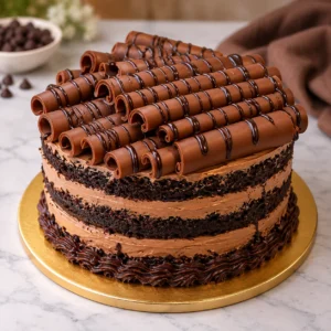 adbury chocolate cake with rich chocolate layers, curls and ganache drizzle