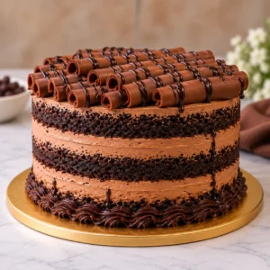 Side view of Cadbury chocolate cake showing layered sponge, chocolate cream and curl topping
