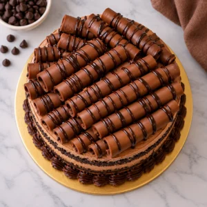 Top view of Cadbury chocolate cake topped with chocolate curls and ganache drizzle