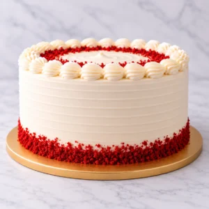 Red Velvet Cake side view with cream cheese frosting and red velvet crumb border