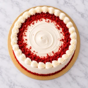 Red Velvet Cake top view with cream cheese frosting and red velvet crumb topping