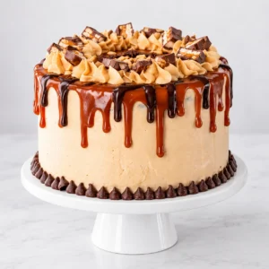 Snickers chocolate cake with caramel and chocolate drip, peanut butter frosting and chocolate pieces