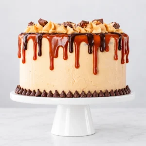Side view of Snickers chocolate cake with creamy frosting, caramel chocolate drip and chocolate topping