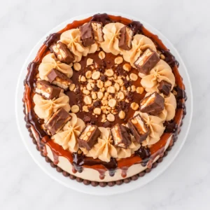 Top view of Snickers chocolate cake with caramel frosting, peanuts and chocolate pieces