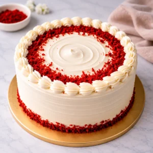 Red Velvet Cake with cream cheese frosting and red velvet crumbs